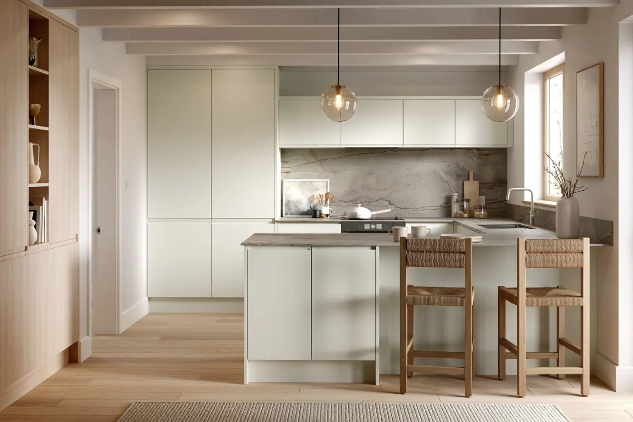 Knebworth in Supermatt White Grey and Light Vicenza Oak kitchen