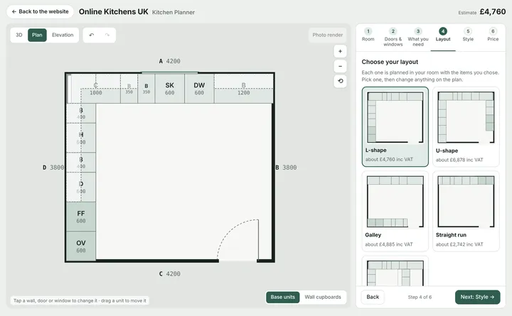Step 4 of the planner: L-shape, U-shape, galley and straight run layouts, each with a price