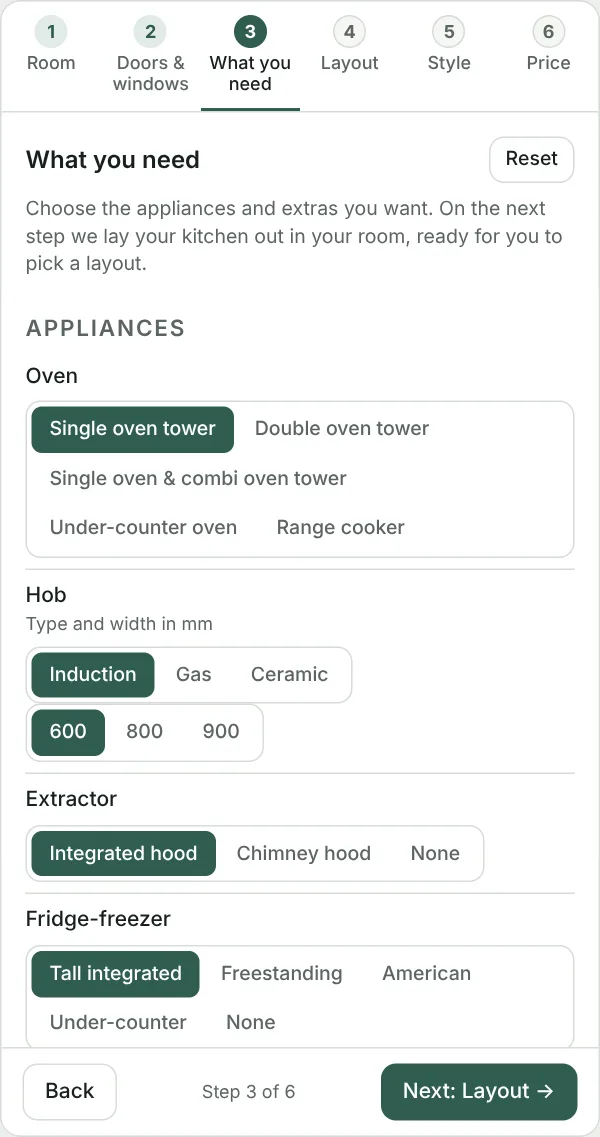 Step 3 of the planner: choosing the oven, hob, extractor and fridge-freezer