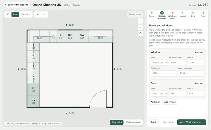Step 2 of the planner listing each door and window with its wall, position and size