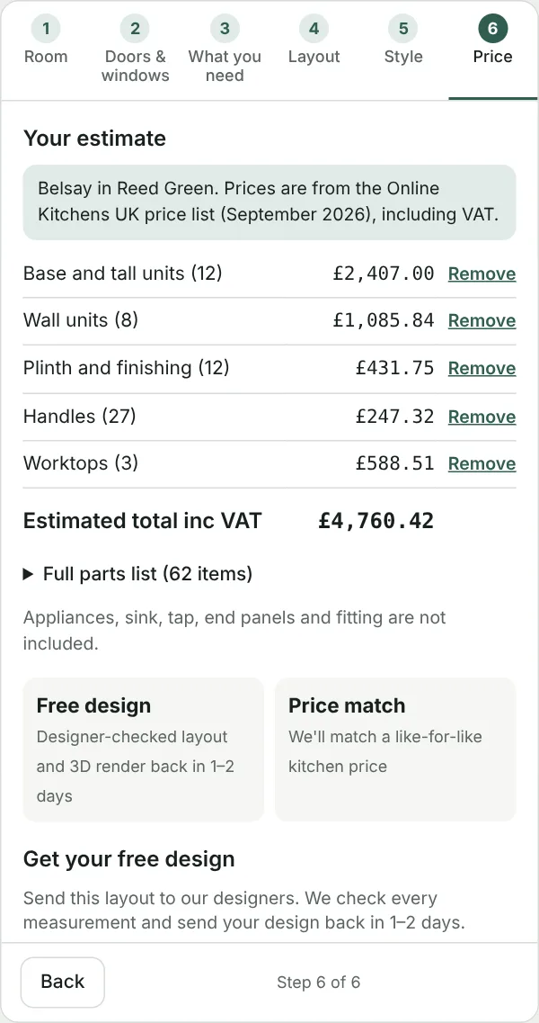 The itemised estimate with Remove next to each group