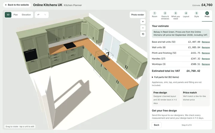 Step 6 of the planner: the itemised estimate, with Remove buttons next to each group