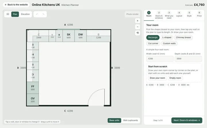 Step 1 of the planner: choosing the room shape and typing the wall sizes
