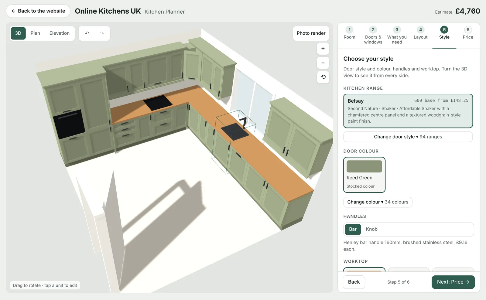 The free kitchen planner showing an L-shaped kitchen in 3D with the style options beside it