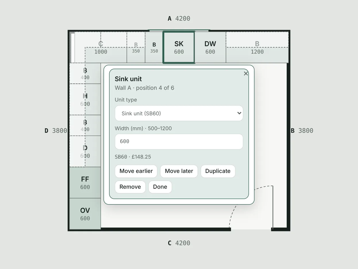 Tapping the sink unit opens a box to change its type and width, move, duplicate or remove it