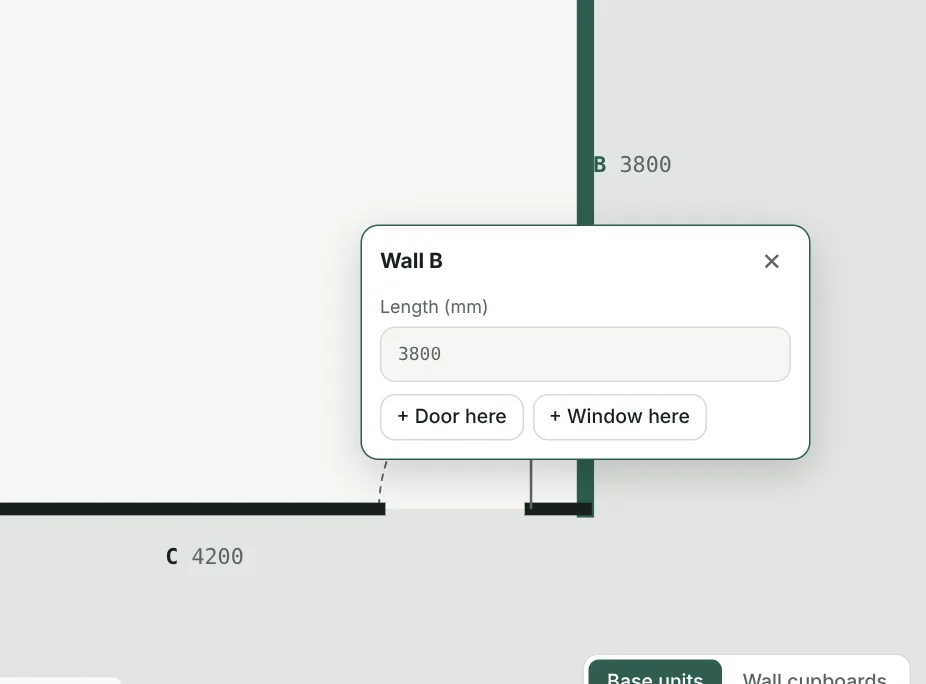 Tapping wall B on the plan opens a box to type its length or add a door or window