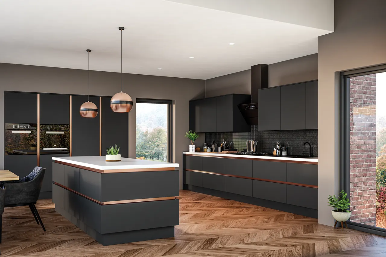 Zurfiz in Supermatt Graphite with Copper Handleless Rail kitchen